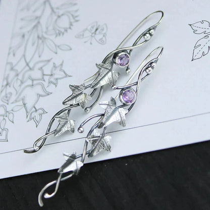 Antique Leaf Elf Earrings | White Gold